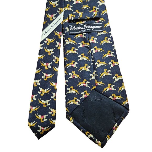 Salvatore Ferragamo Mens Black Silk Tie Black Terrier Dog Patterned Preppy Offic - Picture 2 of 7